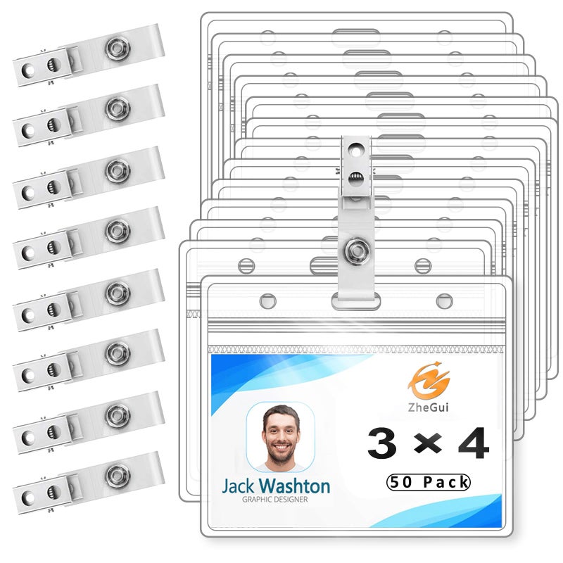ZHEGUI Clear Plastic Name Tag Holder and Metal Badge Clips with Vinyl Straps Waterproof PVC ID Card Holders Heavy Duty(50 Pack, Horizontal Large 3x4) - Image 1